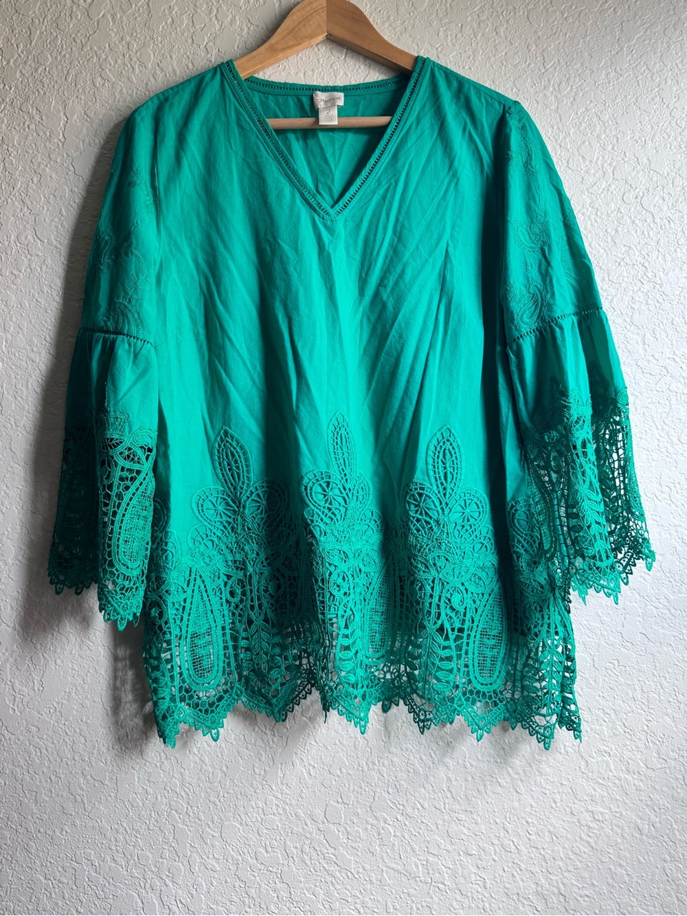 Chico’s Vibrant Green V-Neck Crochet Lace Tunic Top – Bell Sleeve Boho sz2